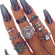 9-Piece Vintage Boho Ring Set - Rhinestone Knuckle & Stacking Rings