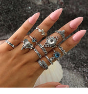 12-Piece Vintage Boho Ring Set - Elephant, Crown & Flower Stacking Rings