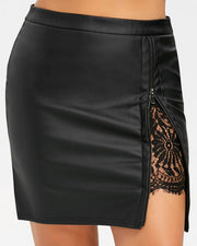 PU Leather Zip Down Floral Lace Mini Skirt Womens Clothing Size 20