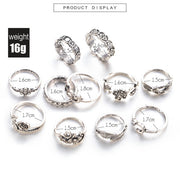 11-Piece Vintage Boho Ring Set - Crescent Moon & Floral Stacking Rings