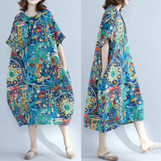 Retro Floral Paisley Print Cotton Linen Oversized Tunic Long Dress