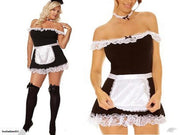 Sexy French Maid Costume 5PC Set Off Shoulder Mini Dress Apron Lingerie Size 6-10