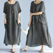 Fashion Grey Oversized Linen Layered Tunic Long Dress