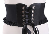 Black Pleated Ruffle Metallic Rings Waist Cincher Corset Lace Belt