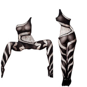 Sexy Black One Shoulder Crotchless Bodystocking Mesh Lingerie Fits Size 6-16