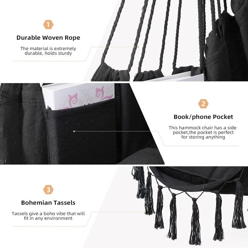 Hammock Chair Hanging Rope Swing with 2 Cushions Max 330 Lbs Included Large Macrame Hanging Chair with Pocket Cotton Weave for Superior Comfort (Black