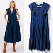 Entro Navy Flutter Sleeve Tiered Maternity Midi Dress NZ