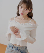 Chico Japanese Brand Beige Ruffle Cold Shoulder Knitted Sweater