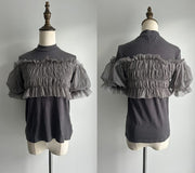 Japanese Brand Hudson Honey Grey Mesh Ruffle Stretchy Short Sleeve Size 8