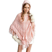 Quality Pink Hooded Poncho Fringe Tassel Cape Jacket Capelet with Hoodie Womens