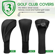 3pcs Golf Head Covers Set Driver Fairway Wood Hybrid Clubs Black Mesh