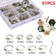 91pcs Stainless Steel Hose Clamp Kit Jubilee Clip Set 8-44mm Pipe Fuel Clamps
