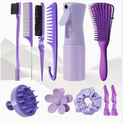 11pcs Hair Styling Kit Spray Bottle Detangling Brush Combs Clips Purple