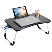 Foldable Laptop Desk Bed Tray Table with Storage Drawer Tablet Slot & Cup Holder (Wood)