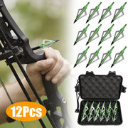 12Pcs Green Hunting Broadheads 100 Grain 3-Blade Arrowheads + Storage Case
