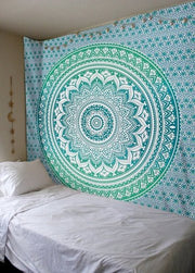 Boho Green Trippy Ombre Medallion Floral Mandala Tapestry Wall Hanging Blanket