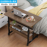 Adjustable wooden mobile desk with wheels and storage shelves for laptop and study.