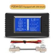 PZEM-015 battery monitor with 100A shunt displaying voltage, current, and capacity.