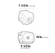 Technical drawing of a device showing dimensions: 7 1/2 in, 9 1/2 in width, and 10 in.