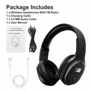 Black wireless headphones with FM radio, charging cable, and 3.5mm audio cable set.