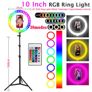 10 inch RGB ring light with 160cm tripod stand and remote control featuring 30 color modes