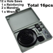 16-piece hole saw set with mandrels, wrench, and reinforcing plate in a grey carrying case