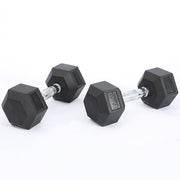 Pair of black hexagonal 10kg dumbbells for strength training fitness workouts