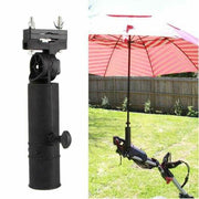 Black adjustable umbrella holder clamp mounted on a stroller for outdoor shade.