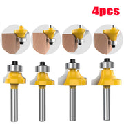 Set of 4 wood router bits for decorative edge profiling and woodworking.