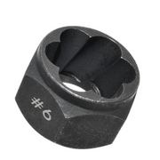 Black metal #6 security hex nut with specialized star-shaped socket profile.
