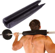 Black padded barbell cushion for shoulder protection during weightlifting exercises.