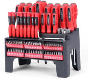 Professional screwdriver set with red ergonomic handles and assorted precision bits in a black organizer.