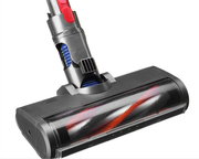 Black vacuum cleaner motorized brush head with red and black rotating bristles.