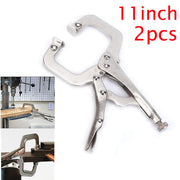 Set of two 11-inch silver metal quick clamp tools for woodworking and metalwork.
