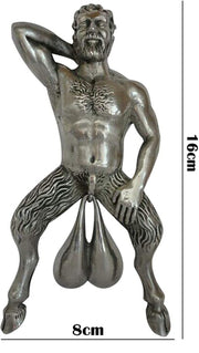 Silver satyr figurine with large testicles, 16cm tall decorative sculpture.