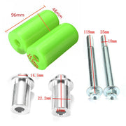 Green cylindrical spacers and silver metal bolts with dimension markings.