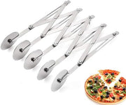 Set of four stainless steel rolling pizza cutters next to a sliced pizza