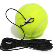 Yellow tennis ball with a black elastic bungee cord for pet fetch toys.