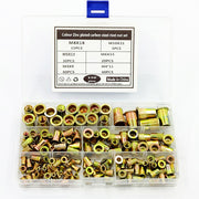 Zinc plated carbon steel rivet nut set in a clear plastic organizer box.