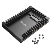 Black Orico M.2 NVMe SSD enclosure with heat sink fins and mounting screws.