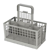 Grey plastic multi-compartment organizer basket with handle for storage