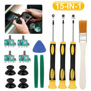 15-in-1 game controller repair kit with screwdrivers, thumbsticks, and cleaning brush.