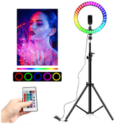 RGB LED ring light with tripod stand and remote control for photography and video.