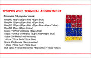 1200pcs wire terminal assortment kit with ring, spade, and butt splice connectors in a storage box.