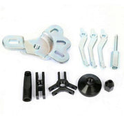 Metal hardware assembly kit with brackets, bolts, and black fasteners on a white background
