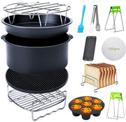 Complete air fryer accessories set with baking pans, racks, silicone brush, and liners.