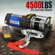 4500lbs 12V electric winch with remote control and heavy-duty steel cable.