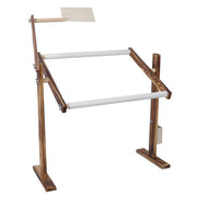 Wooden adjustable music stand with white support bars and a top sheet holder
