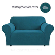 Teal blue waterproof sofa cover with stretchy, breathable fabric for living room protection.