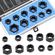Set of black automotive lug nut socket tools in a blue organizer case.